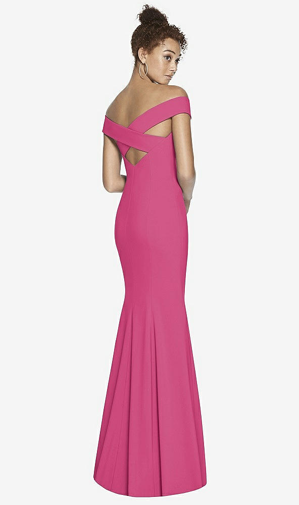 Front View - Tea Rose Off-the-Shoulder Criss Cross Back Trumpet Gown