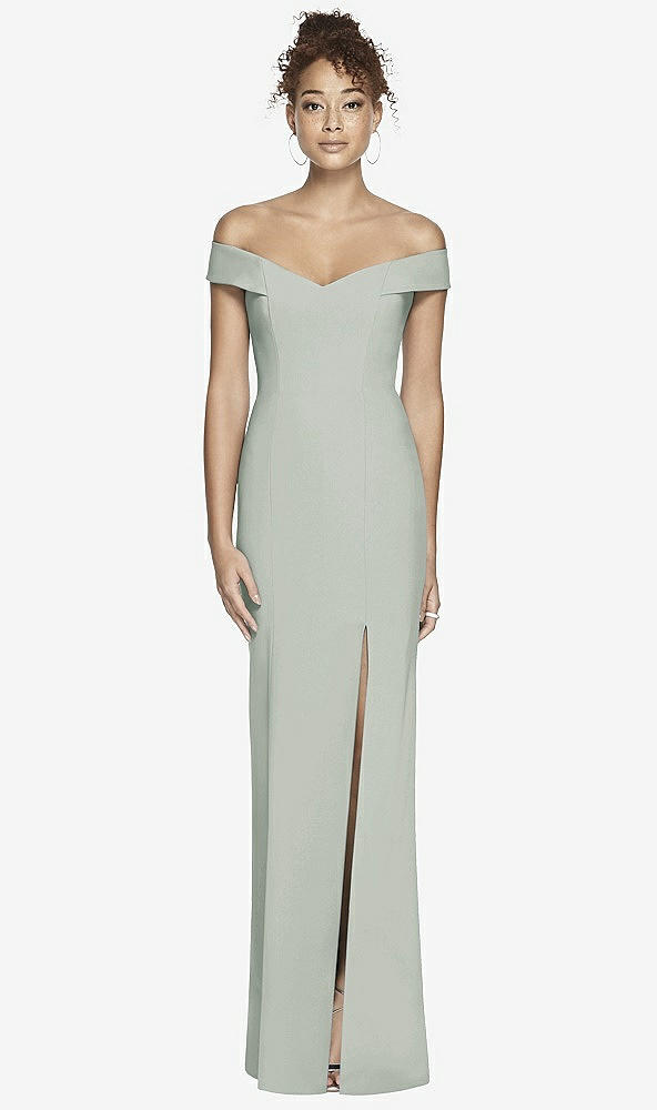 Back View - Willow Green Off-the-Shoulder Criss Cross Back Trumpet Gown