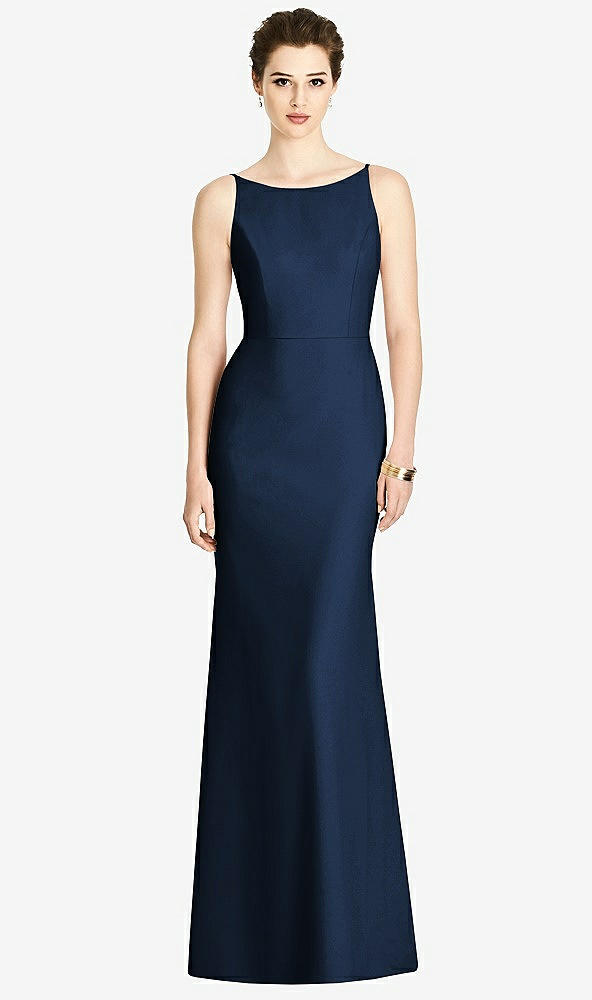Front View - Midnight Navy Bateau-Neck Open Cowl-Back Trumpet Gown