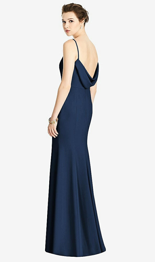 Back View - Midnight Navy Bateau-Neck Open Cowl-Back Trumpet Gown