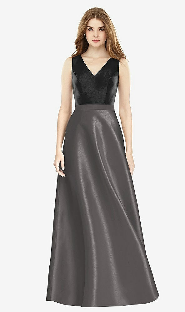 Front View - Caviar Gray & Black Sleeveless A-Line Satin Dress with Pockets