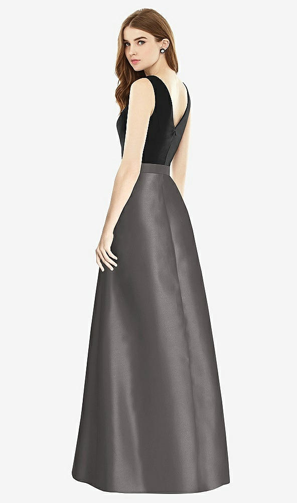 Back View - Caviar Gray & Black Sleeveless A-Line Satin Dress with Pockets
