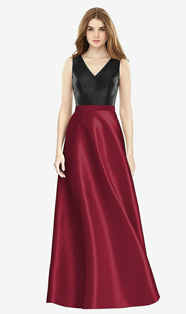 Front View - Burgundy & Black Sleeveless A-Line Satin Dress with Pockets