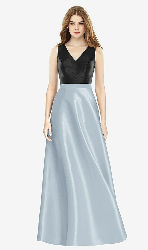 Front View - Mist & Black Sleeveless A-Line Satin Dress with Pockets