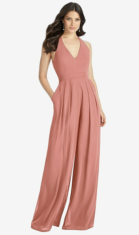 Front View - Desert Rose V-Neck Backless Pleated Front Jumpsuit - Arielle