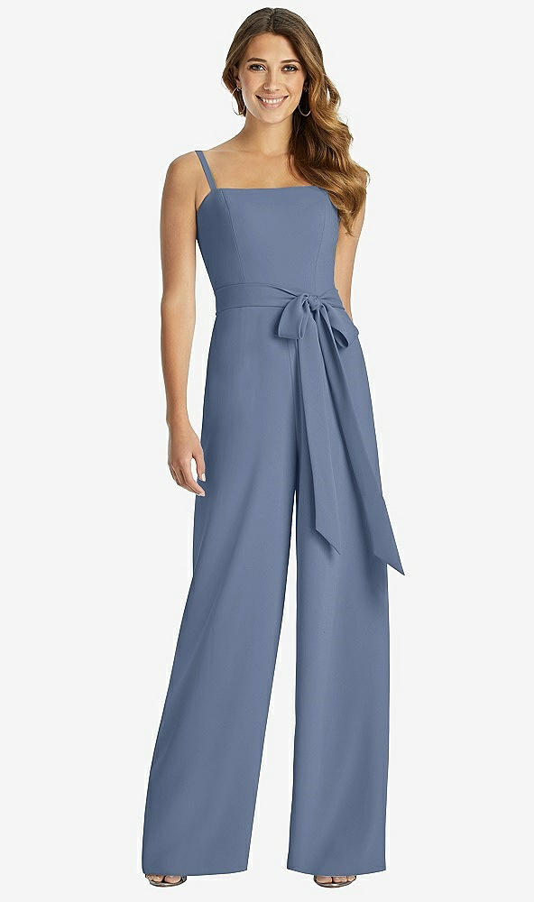 Front View - Larkspur Blue Spaghetti Strap Crepe Jumpsuit with Sash - Alana 