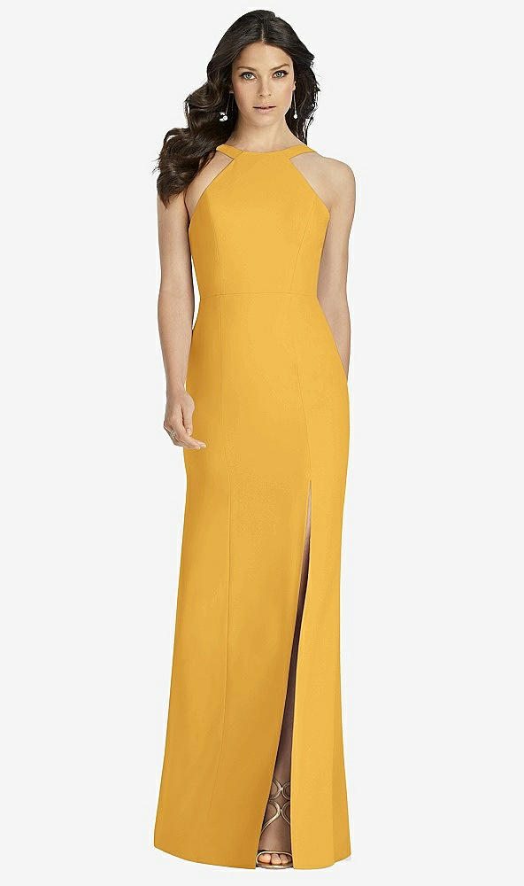 Front View - NYC Yellow High-Neck Backless Crepe Trumpet Gown