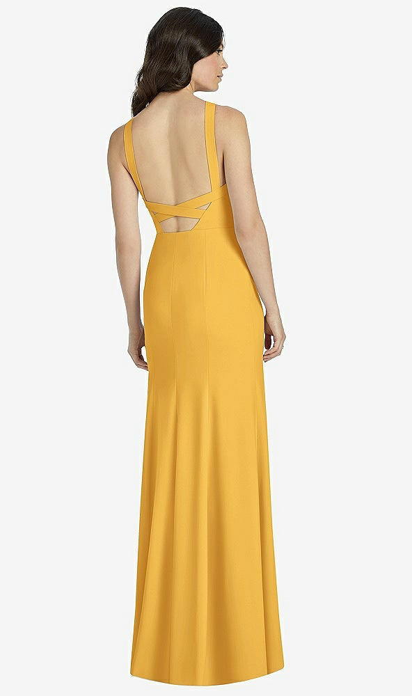 Back View - NYC Yellow High-Neck Backless Crepe Trumpet Gown
