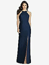 Front View Thumbnail - Midnight Navy High-Neck Backless Crepe Trumpet Gown