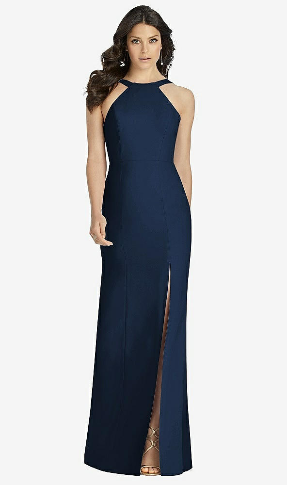 Front View - Midnight Navy High-Neck Backless Crepe Trumpet Gown