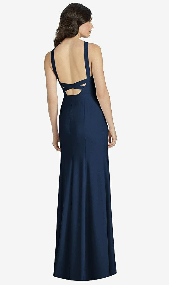 Back View - Midnight Navy High-Neck Backless Crepe Trumpet Gown