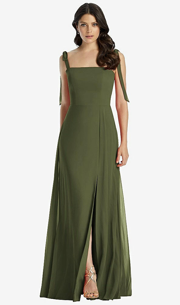 Front View - Olive Green Tie-Shoulder Chiffon Maxi Dress with Front Slit