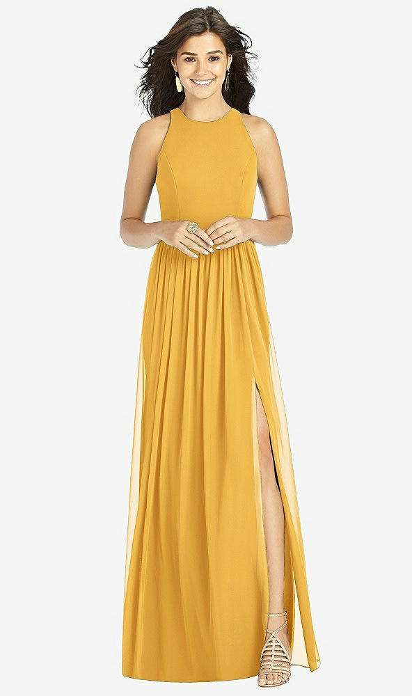 Front View - NYC Yellow Shirred Skirt Halter Dress with Front Slit