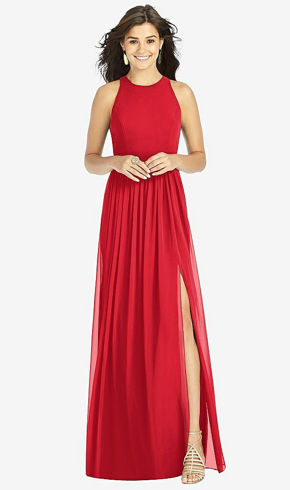 Front View - Parisian Red Shirred Skirt Halter Dress with Front Slit