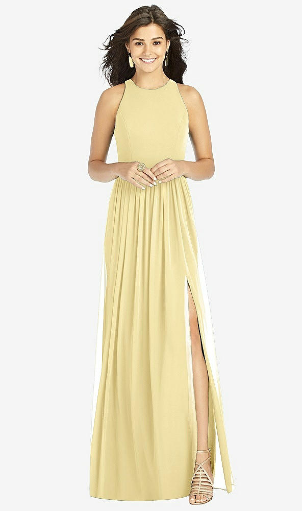 Front View - Pale Yellow Shirred Skirt Halter Dress with Front Slit