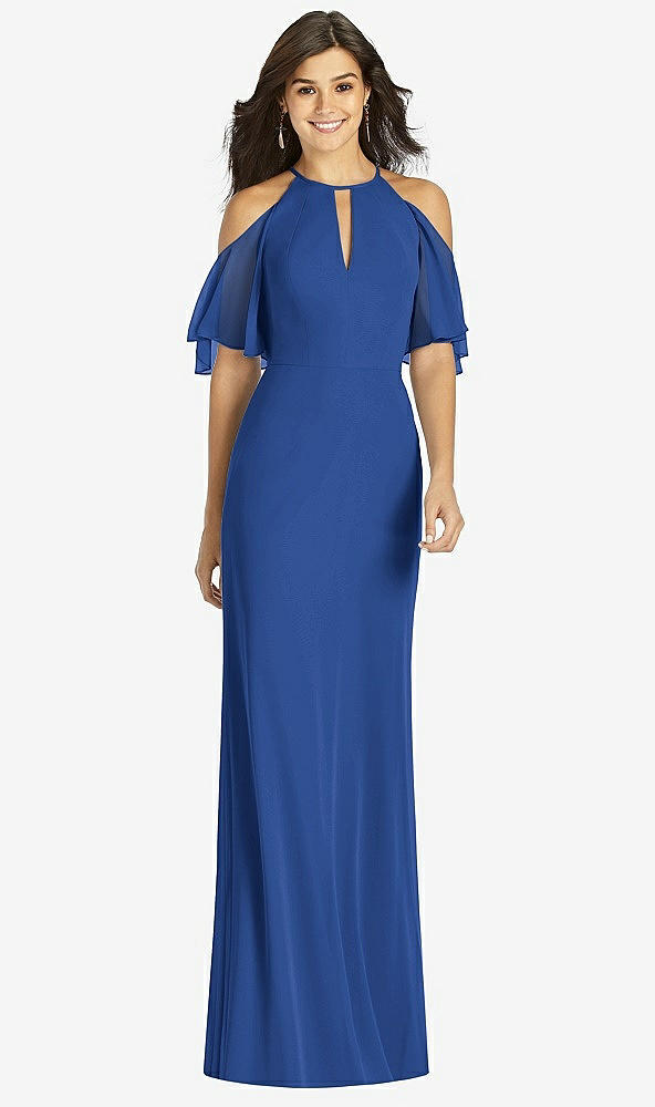 Front View - Classic Blue Ruffle Cold-Shoulder Mermaid Maxi Dress