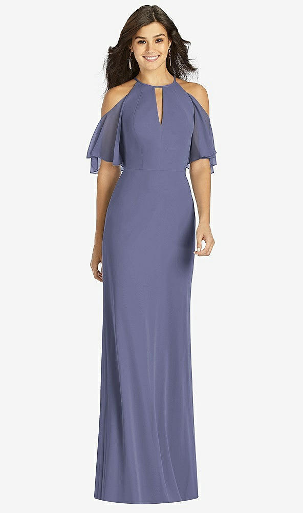 Front View - French Blue Ruffle Cold-Shoulder Mermaid Maxi Dress