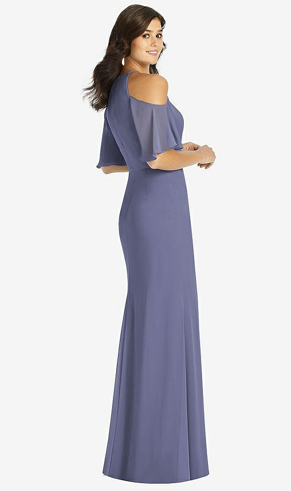 Back View - French Blue Ruffle Cold-Shoulder Mermaid Maxi Dress