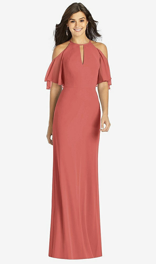 Front View - Coral Pink Ruffle Cold-Shoulder Mermaid Maxi Dress
