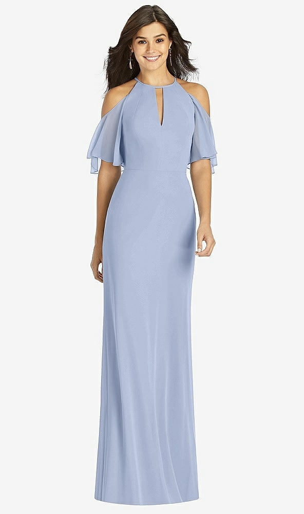 Front View - Sky Blue Ruffle Cold-Shoulder Mermaid Maxi Dress