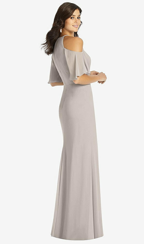 Back View - Taupe Ruffle Cold-Shoulder Mermaid Maxi Dress