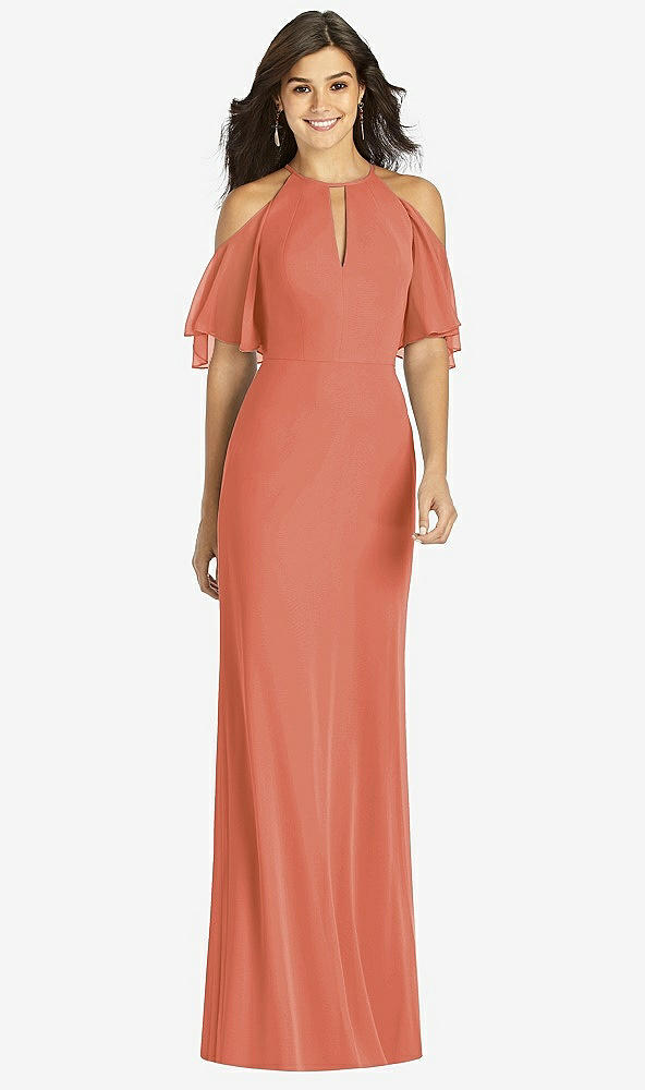 Front View - Terracotta Copper Ruffle Cold-Shoulder Mermaid Maxi Dress