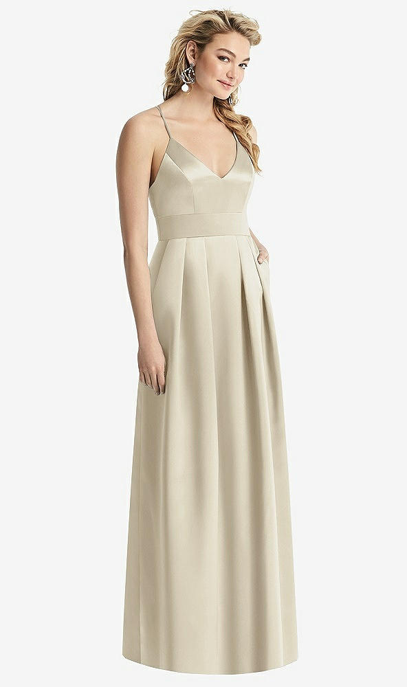 Front View - Champagne Pleated Skirt Satin Maxi Dress with Pockets