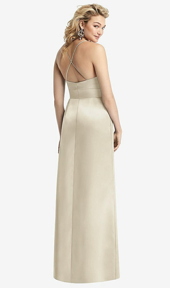 Back View - Champagne Pleated Skirt Satin Maxi Dress with Pockets