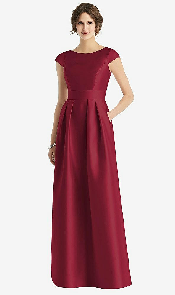 Front View - Burgundy Cap Sleeve Pleated Skirt Dress with Pockets