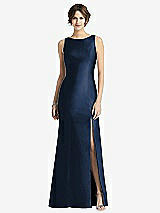 Front View Thumbnail - Midnight Navy Sleeveless Satin Trumpet Gown with Bow at Open-Back