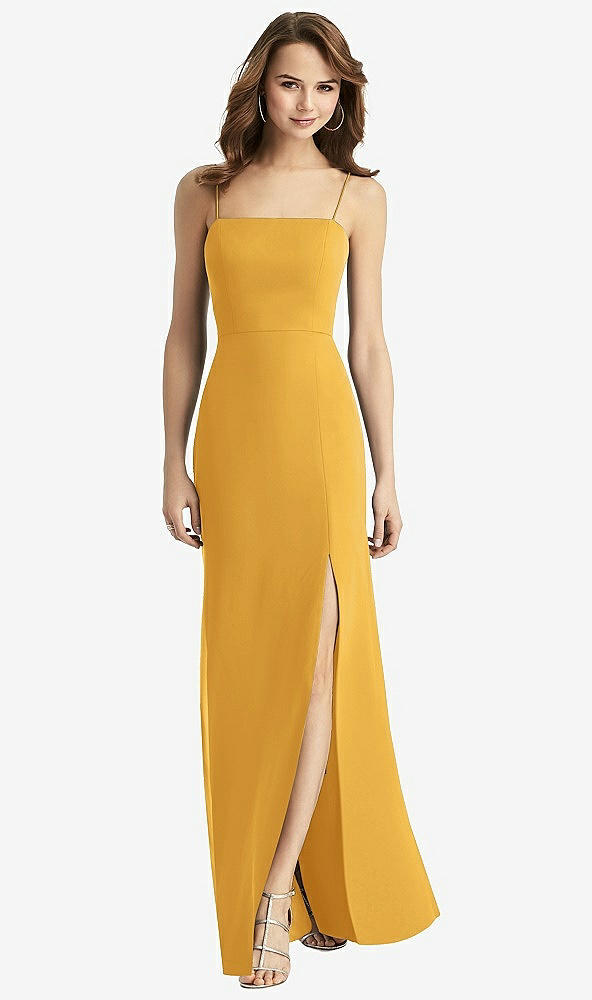 Front View - NYC Yellow Tie-Back Cutout Trumpet Gown with Front Slit