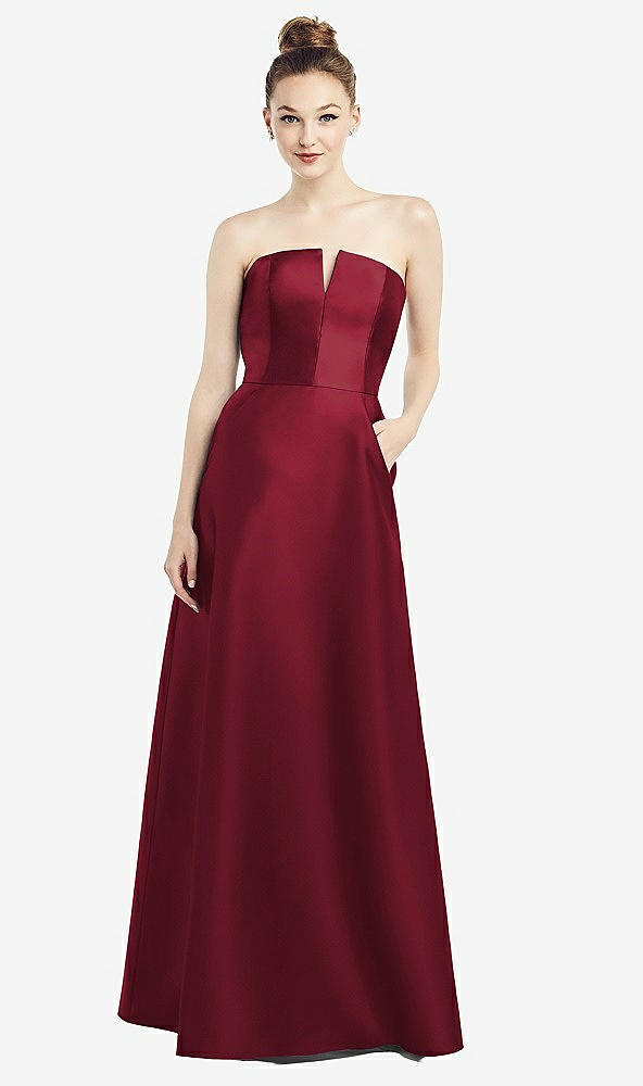 Front View - Burgundy Strapless Notch Satin Gown with Pockets