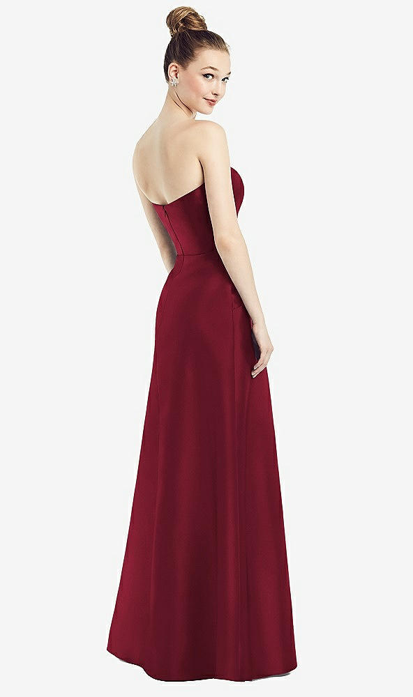 Back View - Burgundy Strapless Notch Satin Gown with Pockets