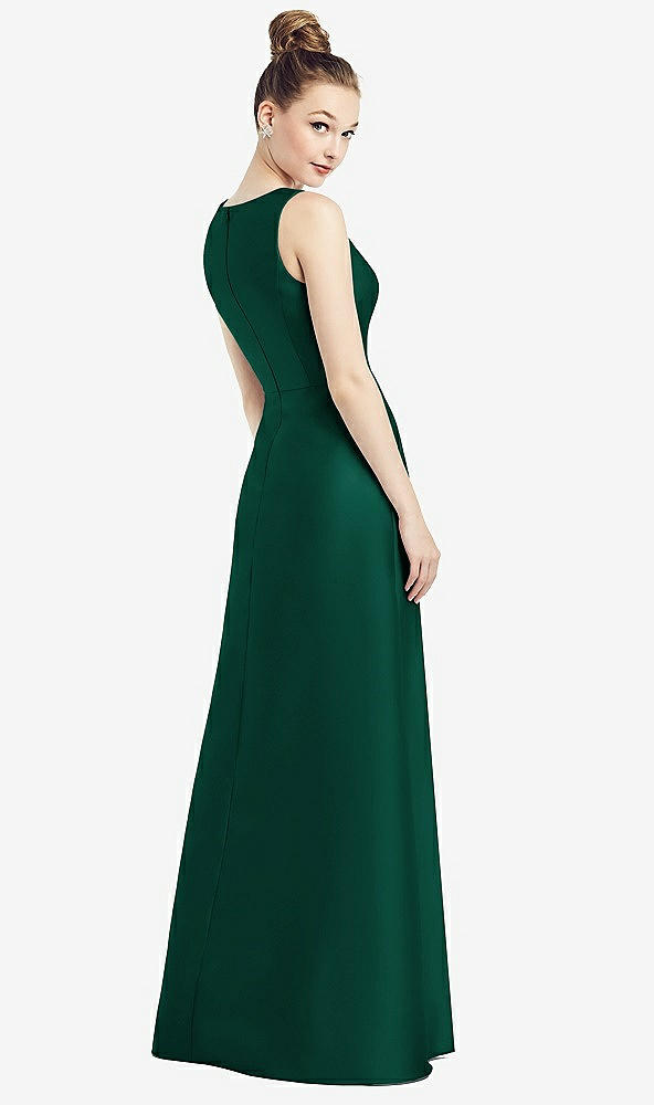 Back View - Hunter Green Sleeveless V-Neck Satin Dress with Pockets