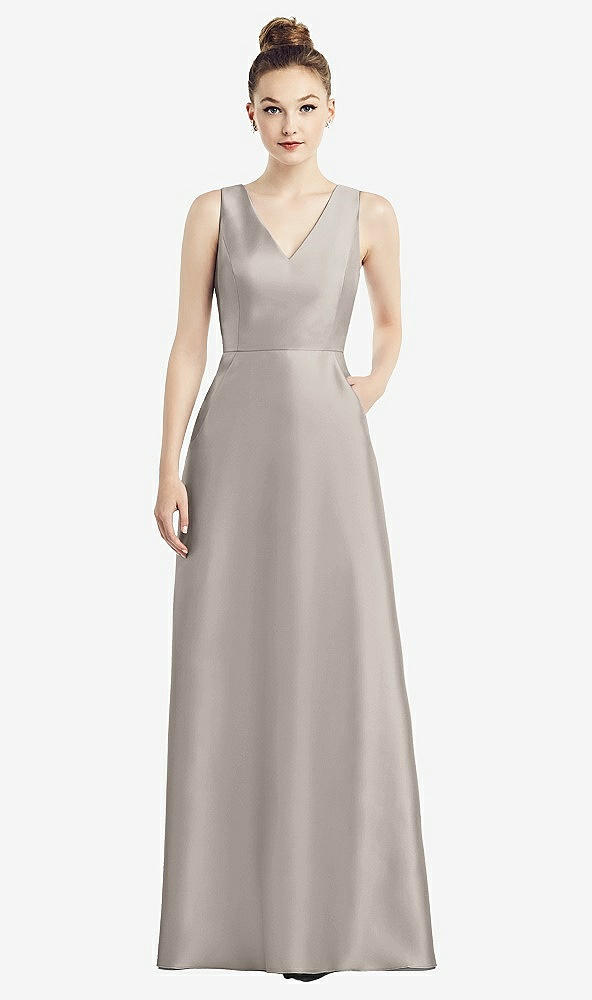 Front View - Taupe Sleeveless V-Neck Satin Dress with Pockets
