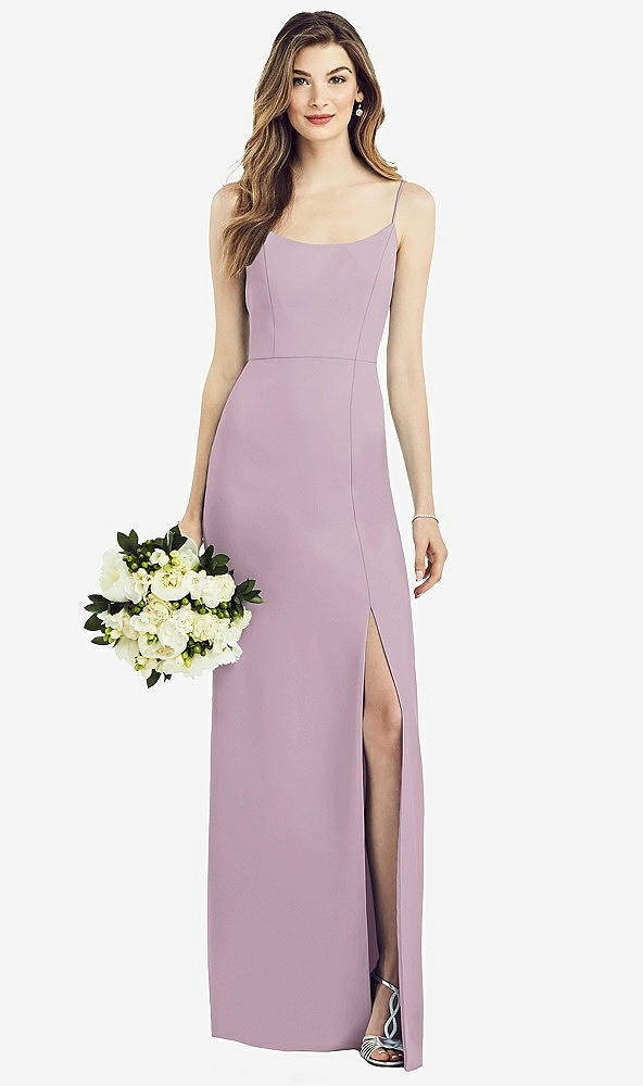 Front View - Suede Rose Spaghetti Strap V-Back Crepe Gown with Front Slit