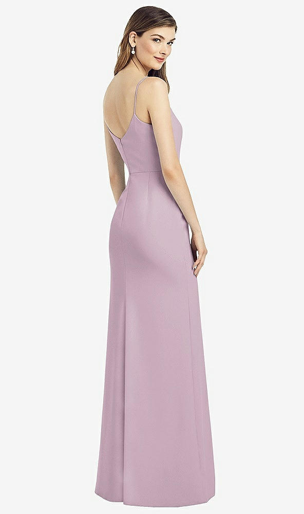 Back View - Suede Rose Spaghetti Strap V-Back Crepe Gown with Front Slit