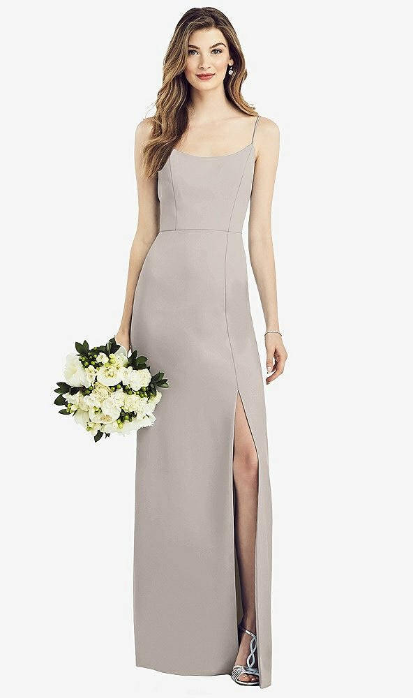 Front View - Taupe Spaghetti Strap V-Back Crepe Gown with Front Slit