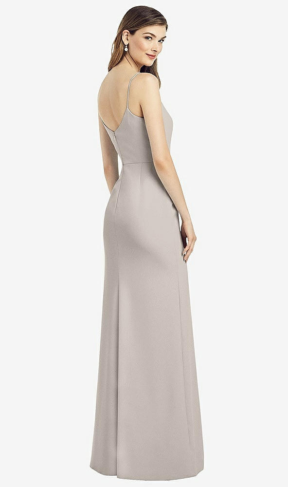 Back View - Taupe Spaghetti Strap V-Back Crepe Gown with Front Slit