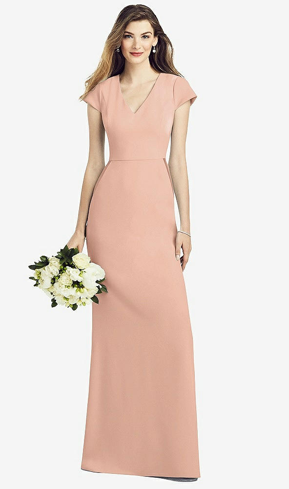 Front View - Pale Peach Cap Sleeve A-line Crepe Gown with Pockets