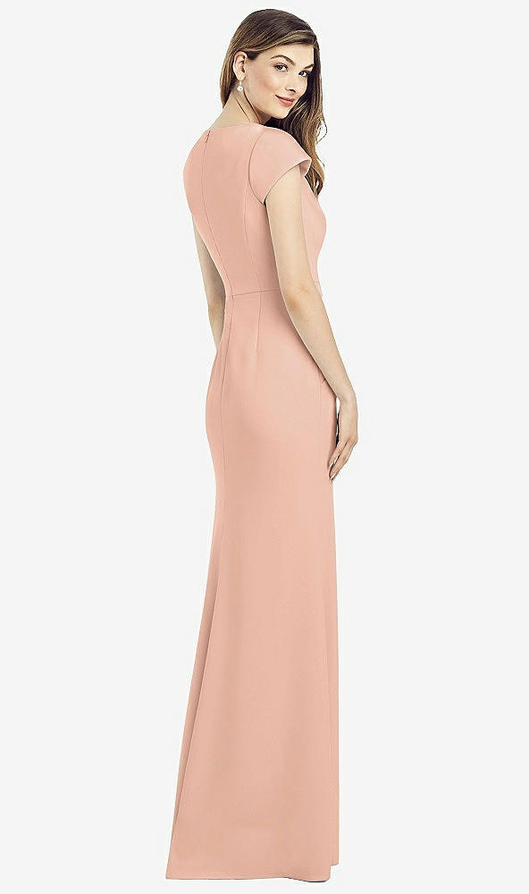 Back View - Pale Peach Cap Sleeve A-line Crepe Gown with Pockets