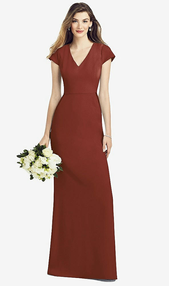 Front View - Auburn Moon Cap Sleeve A-line Crepe Gown with Pockets