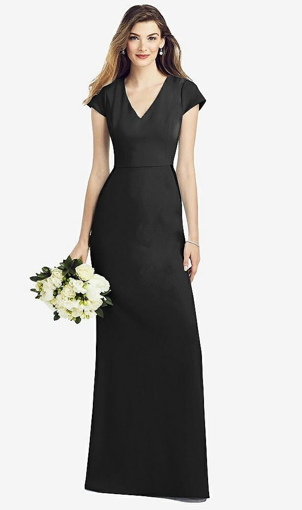 Front View - Black Cap Sleeve A-line Crepe Gown with Pockets