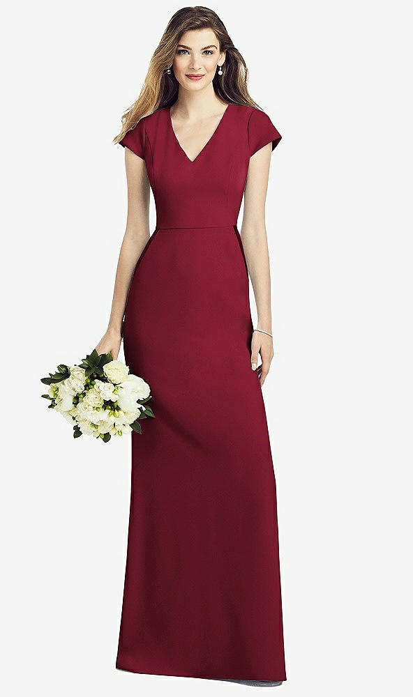 Front View - Burgundy Cap Sleeve A-line Crepe Gown with Pockets