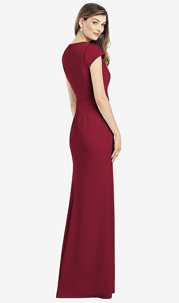 Back View - Burgundy Cap Sleeve A-line Crepe Gown with Pockets