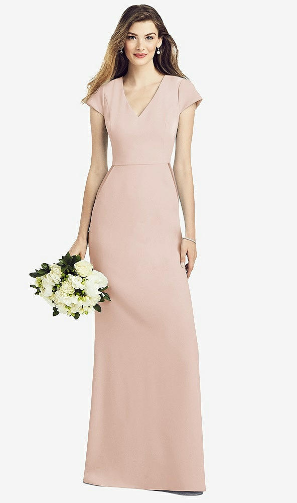 Front View - Cameo Cap Sleeve A-line Crepe Gown with Pockets