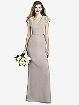 Front View Thumbnail - Taupe Cap Sleeve A-line Crepe Gown with Pockets