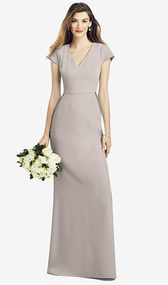 Front View - Taupe Cap Sleeve A-line Crepe Gown with Pockets