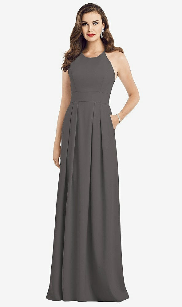 Front View - Caviar Gray Criss Cross Back Crepe Halter Dress with Pockets