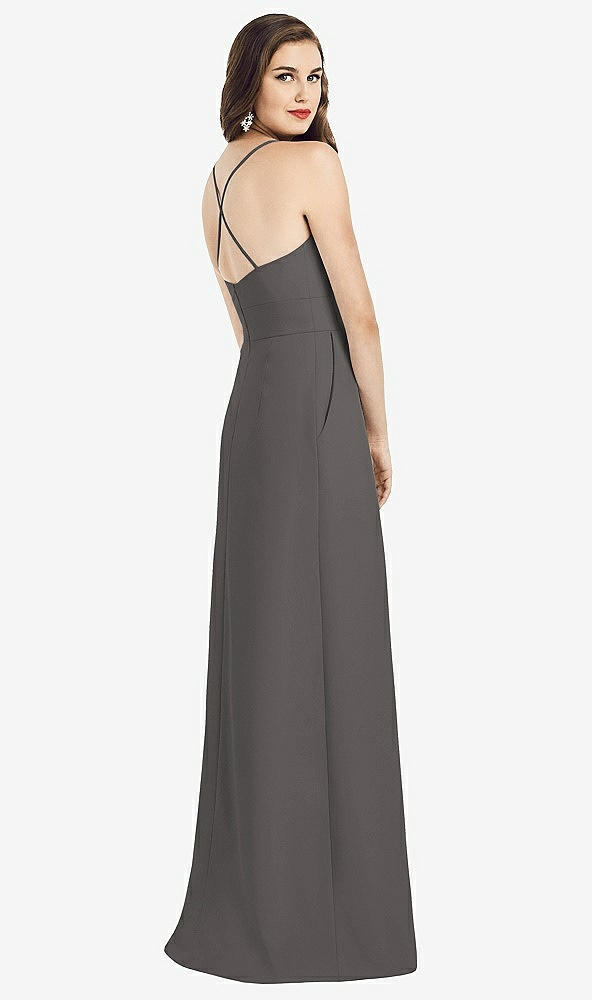 Back View - Caviar Gray Criss Cross Back Crepe Halter Dress with Pockets
